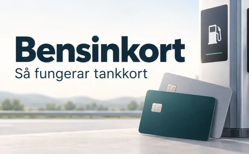 Illustration av två bensinkort framför en bränslepump med texten ”Bensinkort – Så fungerar tankkort”.