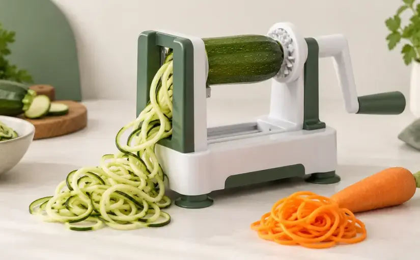 Vevdriven grönsakssvarv med zucchini och färdiga zucchinispiraler på en ljus köksbänk, bredvid en morot och morotsspiraler.